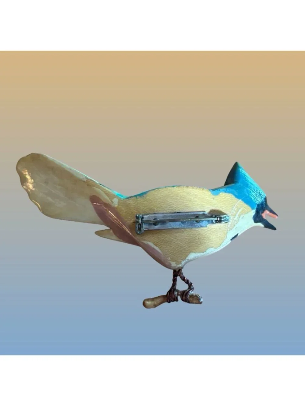 Takahashi Style Hand Painted Wood Blue Jay Bird Brooch Figural Pin Vintage Gift